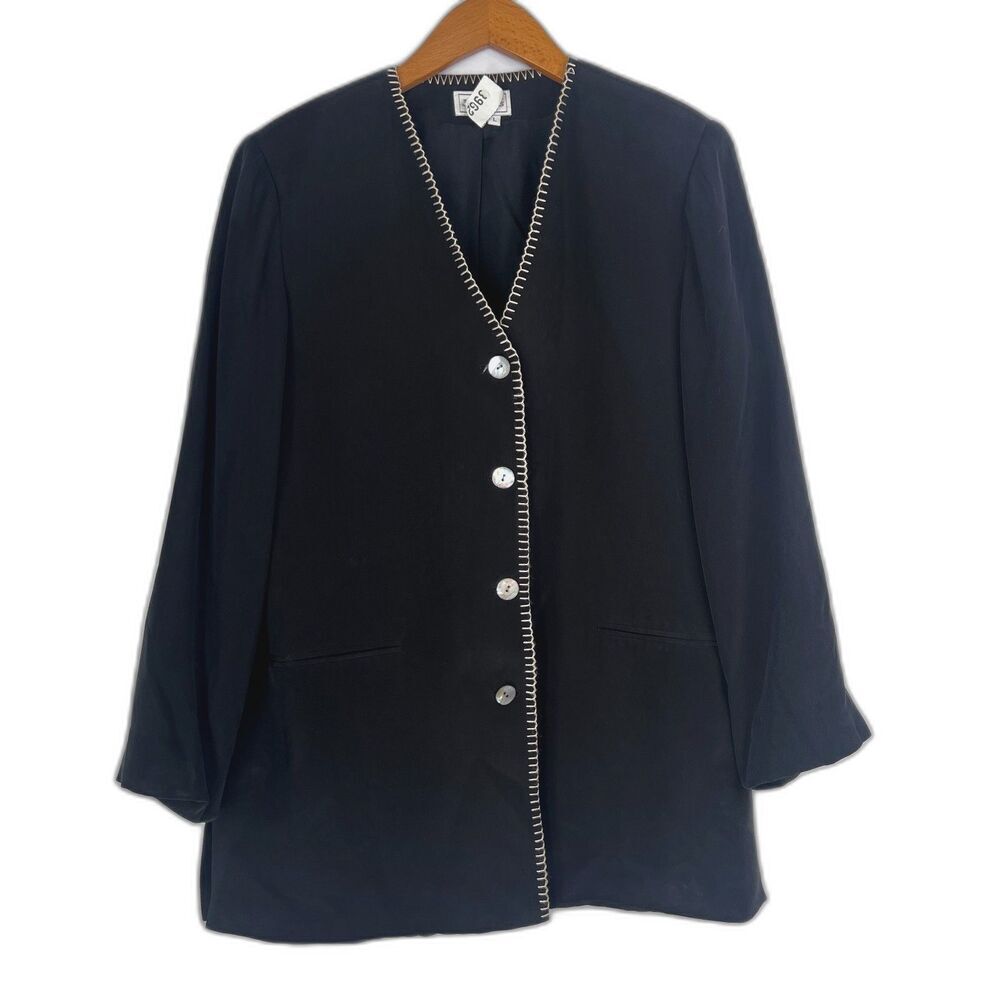 Jacobsons Black VTG 100% Silk Embroidered Trim Lightweight Cardigan Jacket Sz LG